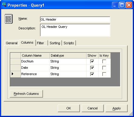CHAPTER 4 ADDING SOURCES If you specified the general properties correctly, the Columns tab displays three items under Column Name, as shown in the following illustration.