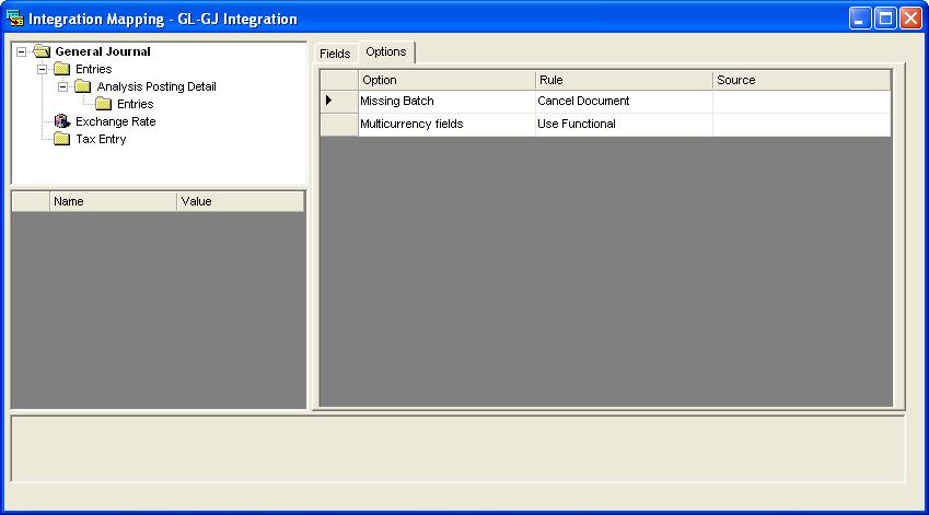 PART 2 BUILDING INTEGRATIONS To set options for the General Journal destination: 1. In the Integration Mapping window, select the General Journal item in the upper-left pane of the window. 2. Choose the Options tab.