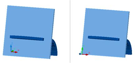 To align the workplane with the face of a 3D object The left image shows the user coordinate system not aligned to the face plate of the 3D object and the right image shows the user coordinate system
