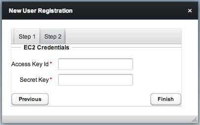 Figure 3.3 - Registering a user on an Amazon EC2 cloud. Use the Step 2 dialog to provide connection information for your Amazon EC2 cloud. Enter your Access Key Id in the Access Key Id field.