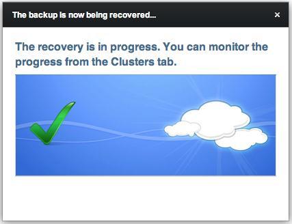 3), specify a new name for the recovered database cluster, select a Server Class, and click the Recover button. Figure 7.3 - Recovering a database from backup.