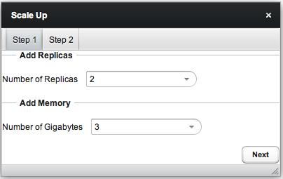 Figure 9.1 - The Scale Up dialog. Use the drop-down listboxes on the Step 1 tab to specify: The number of replicas to add to the cluster.