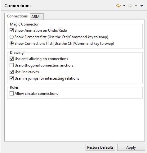 Connections Preferences Connections Connections Preferences Magic Connector Show Animation on Undo/Redo Select this option to enable the "puff" animation when undo/redo is performed for an element