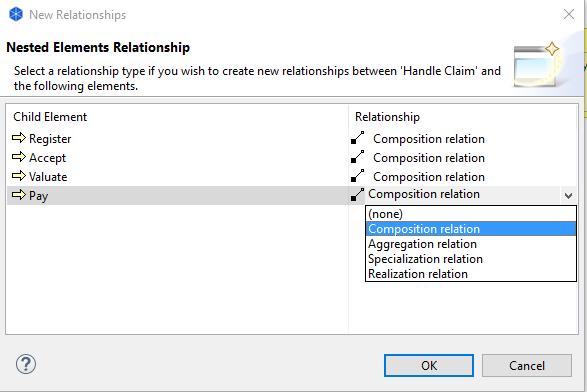 Dialog for creating more than one relationship If you do not wish to create a new relationship for an element, select "(none)" from the drop-down combo box.