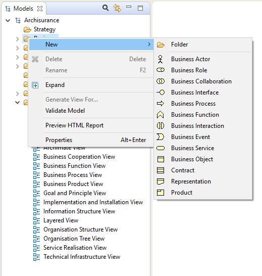 Adding Elements Directly to the Model Tree To add new ArchiMate elements directly to the Model Tree, select one of the folders, "Business", "Application", "Technology" or "Connectors" and right-click.