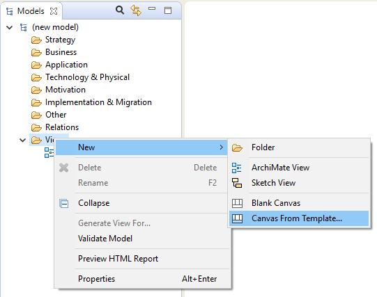 3. A wizard dialog window will open. Select the "Business Model Canvas" template from the templates in the "Installed Templates" section: 4. Press "Finish".
