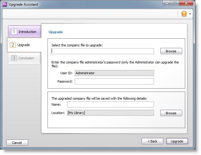 3: Choose the file to upgrade 1 Open AccountRight 2013. 2 In the Welcome window that appears, click Upgrade a company file. 3 The Upgrade Assistant opens. Click Continue.