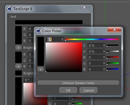 Clicking this field will open up the ColorChooser (Bodypaint Style). layoutflags (int) AddColorChooser Flags: DR_COLORFIELD_NO_BRIGHTNESS Disable the brightness control.