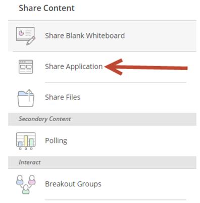 You need to add the browser desktop sharing extension to share applications in Collaborate sessions.