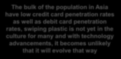 0% The bulk of the population in Asia have low credit card penetration rates as well