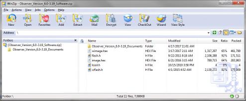 Within the zip folder, you will find the image.hex, flash.h, wimage.hex, wflash.h and load.h software files, and a documents folder. Verify that the zip folder states, Version 6.0-3.19.