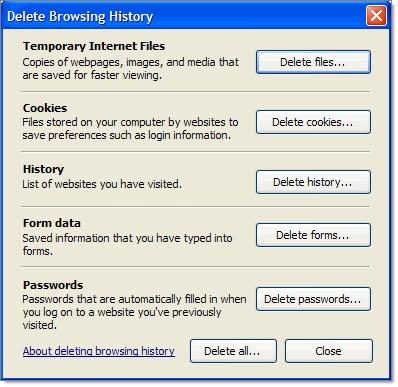 b. In the Delete Browser History window, in the Temporary Internet Files section, click the Delete files button. Click Close. Delete temporary internet files c.
