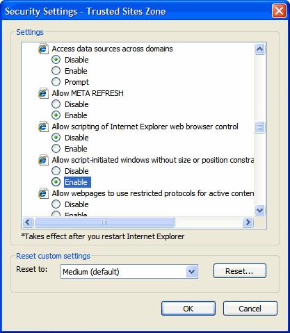 In the Miscellaneous section, enable the Allow script-initiated windows without size or position constraints setting.