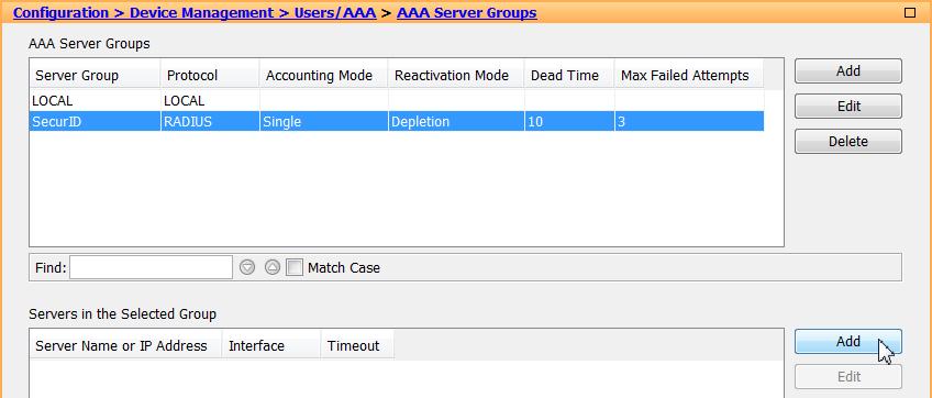 3. Select the AAA Server Group and click Add to add a server to the