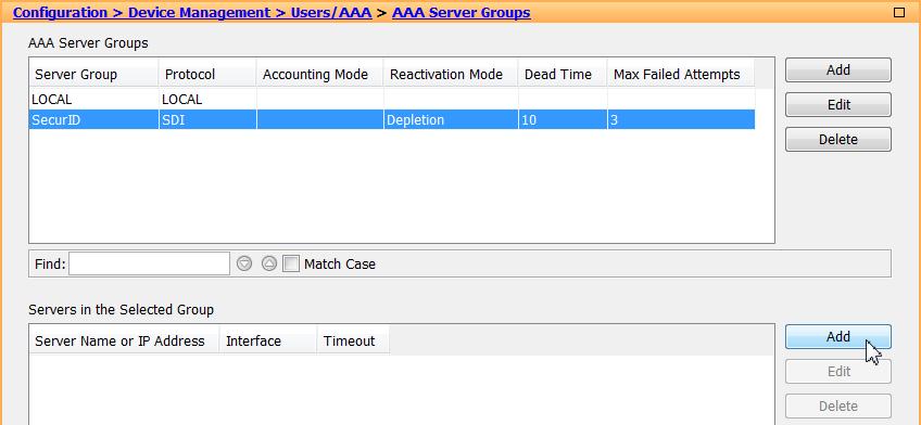 Browse to Configuration > Device Management > Users/AAA > AAA Server Groups and click Add. 2.