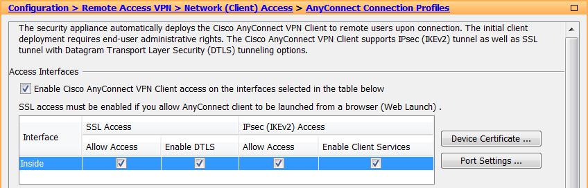 Network (Client) Access using AnyConnect 1. Browse to Configuration > Remote Access VPN > Network (Client) Access > Address Assignment > Address Pools and click Add. 2.