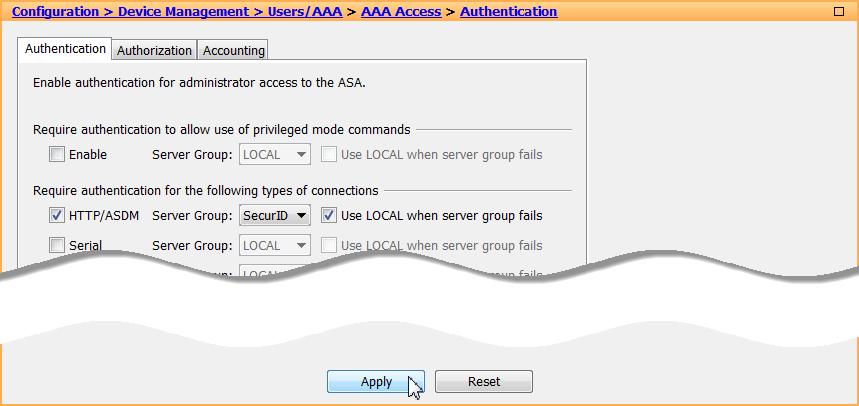 ASDM 1. Browse to Device Management > Users/AAA > AAA Access. 2.