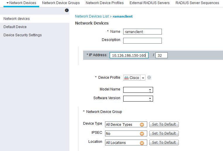 Network Device Address Ranges Flexible Pattern Matching for multiple NADs Last Octet Only Configure NAD with single or multiple IP address ranges + wildcard support Single Range Example: 19