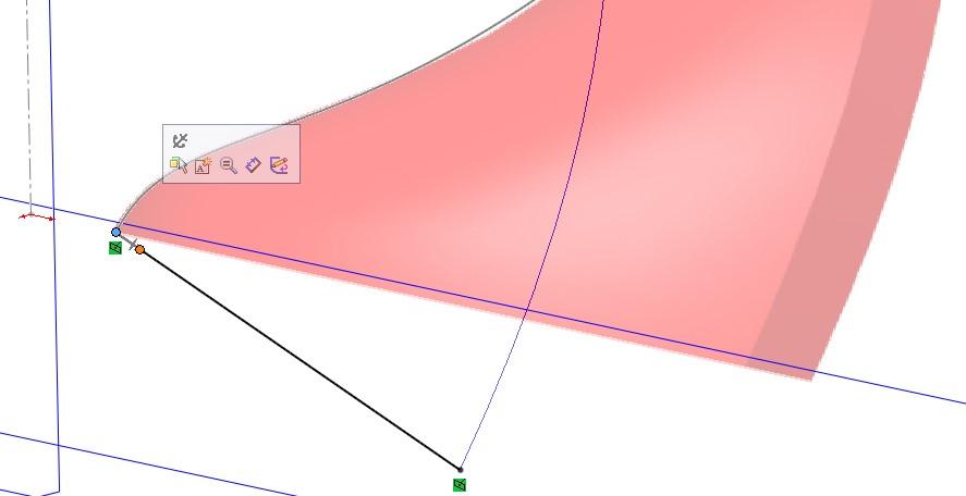 Add a perpendicular relation to the end of the spline Click at the cyan end point of the Spline as shown in the picture The