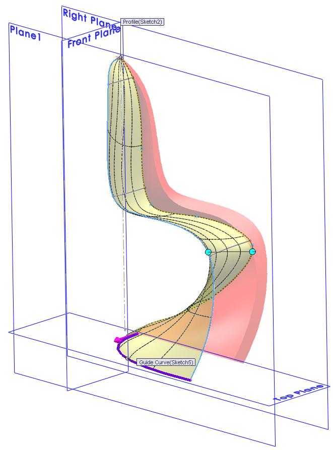 Add three Guide Curves to control the shape of the Surface Loft Click in the Guide Curves box Select Sketch5 as