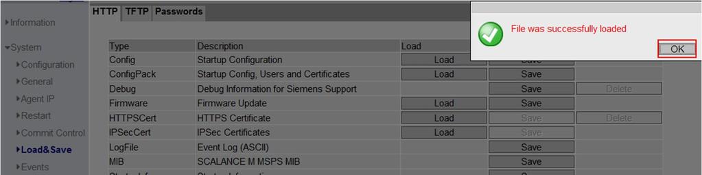 In "IPSecCert", click the "Load" button to start loading. 3. The dialog for loading a file opens. Navigate to your project directory with the configuration files of the SCALANCE M. 4.