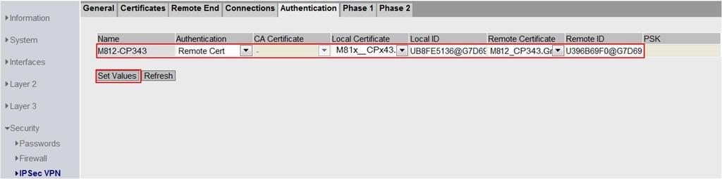 Defining the authentication method For secure communication via VPN, all VPN partners must authenticate each other. This example uses the certificate of the remote end as the authentication method.