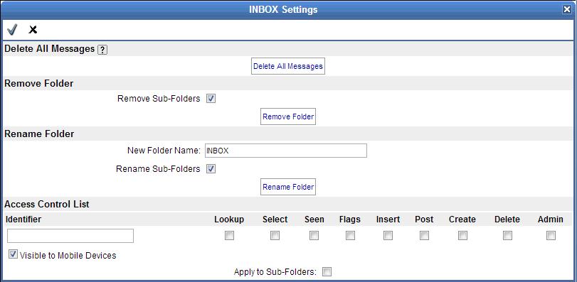 Delete folder, and delete sub-folder by enabling Remove Sub-Folders function Raname the folder Set permission to access each folder; Lookup Able to see mailbox Select Able to select and read messages