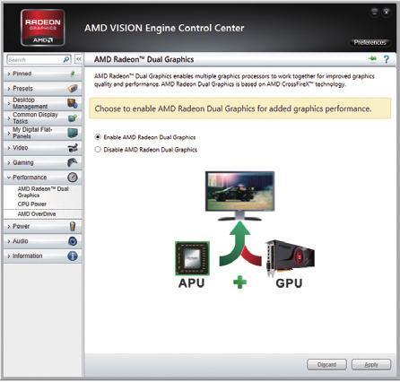1-6 Setup of the AMD Dual Graphics Configuration Combining the onboard GPU with a discrete graphics card, AMD's Dual Graphics technology can provide significantly advanced display performance for AMD