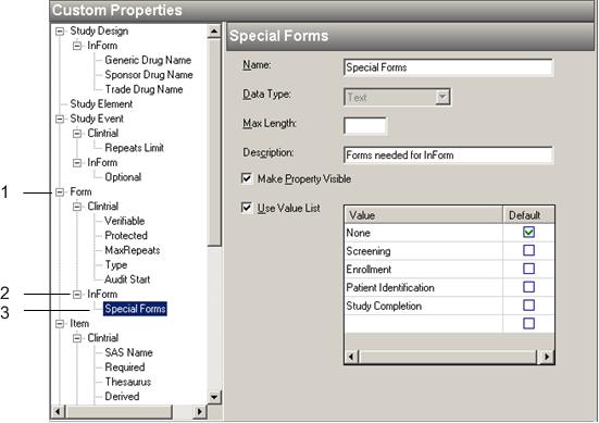 Administrator Guide Illustration of the Custom Properties workspace The Custom Properties workspace displays context-sensitive information, depending on what you select in the Custom Properties tree.