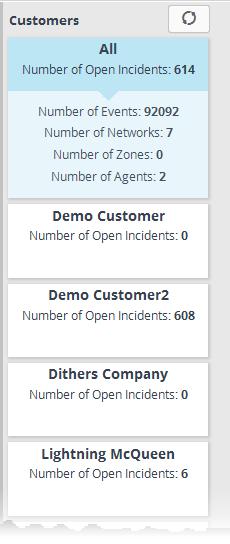 Selecting Customer and Time Period The left hand side menu displays a list of all the customers enrolled to NxSIEM with other details such as number of events, number of open incidents, number of