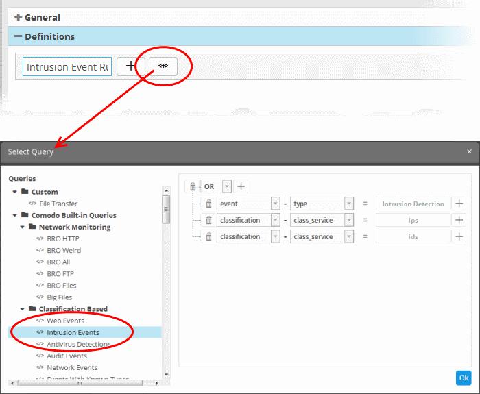 The 'Select Query' dialog will open with a list o pre-defined and custom event queries added for the customer in the left pane. Choose the query from the left pane.