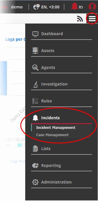 The 'Incidents' menu allows the user to manage incidents and cases.