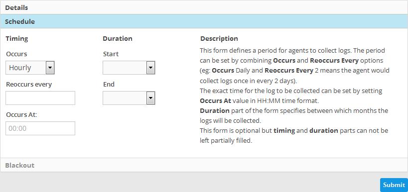 The 'Timing' section allows you to define the period for log collection. Occurs - Select the period for log collection from the drop-down.