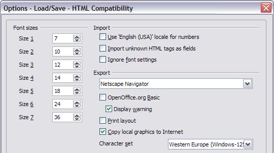 HTML compatibility Load/Save options Choices made on the Load/Save HTML Compatibility page (Figure 9) affect HTML pages imported into OpenOffice.org and those exported from OOo.