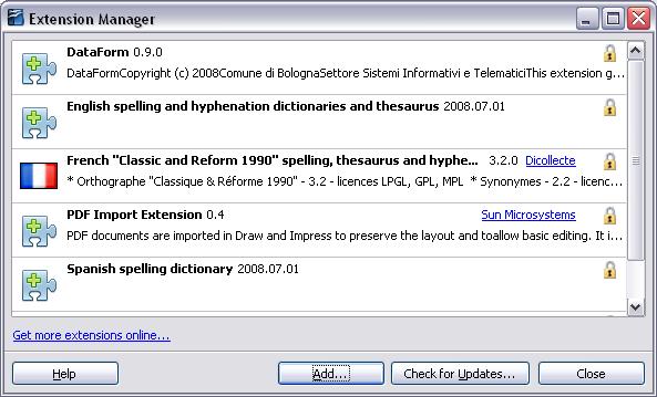 Figure 23: Installing an extension Using extensions This section describes several of the more important and popular extensions to OpenOffice.org.