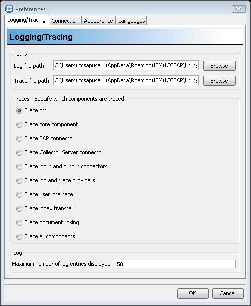 Figure 53. Logging/Tracing page of the Preferences window containing your specifications 3.