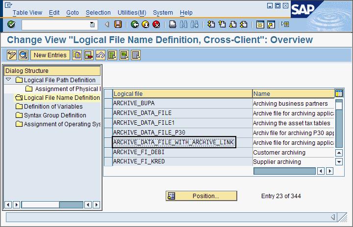 7. In the Change View "Logical File Name Definition, Cross-Client": Overview window, double-click ARCHIVE_DATA_FILE_WITH_ARCHIVE_LINK. Figure 67 