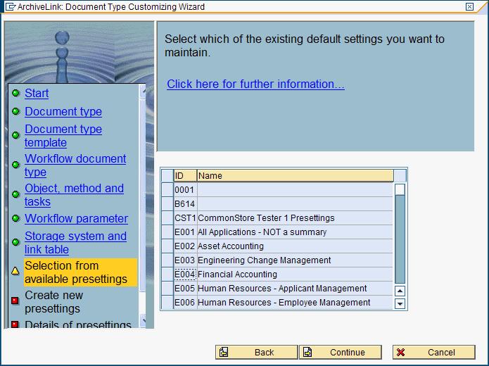 Figure 85. Selection from available presettings page of the ArchiveLink: Document Type Customizing Wizard without the selection of a presetting 11.