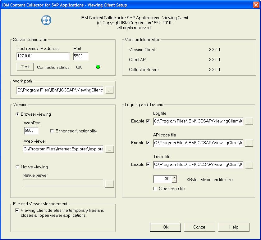 Figure 54. Viewing Client Setup window containing sample specifications Procedure: 1. 9.1.1, Defining the connection to Collector Server 2. 9.1.2, Specifying the directory for temporary files, on page 107 3.