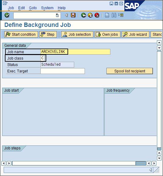 1. In the SAP GUI, enter the transaction code SM36 to open the Define Background Job window. 2. In the Job name field, type a name of your choice. For example, type: ARCHIVELINK 3.