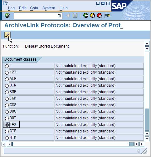 Figure 119. ArchiveLink Protocols: Overview of Protocol window showing which radio button and which icon to click 5.