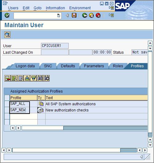 Figure 4. Profiles page of the Maintain User window containing the necessary authorizations for sample user CPICUSER1 v d. Click the Save icon to save your settings.