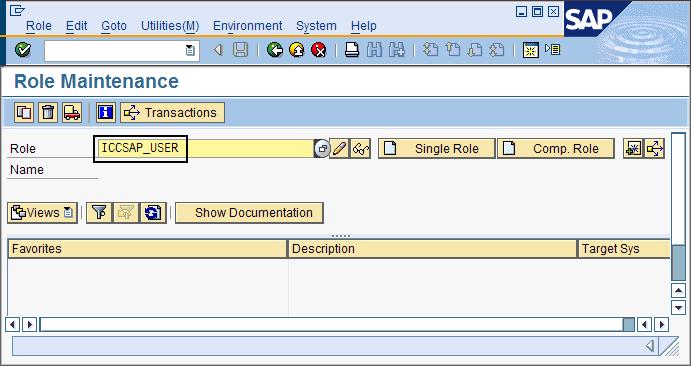Figure 5 shows the Role Maintenance window containing the sample role ICCSAP_USER. Figure 5. Role Maintenance window containing the sample role ICCSAP_USER 3. Click the Single Role icon.