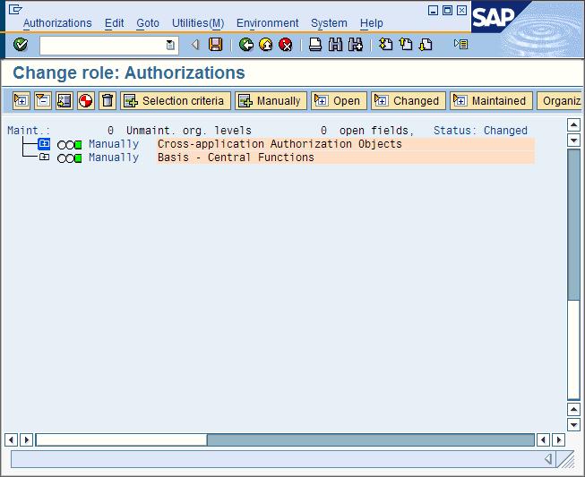 Figure 11. Change role: Authorizations window after activating all authorizations 14. Click the Save icon to save your settings. 15. Click the Generate icon to create the role and thus the profile.