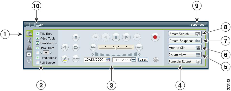 Using the Playback Controls Chapter 8 Adjusting Image Quality for Live Video, page 8-31 Using Digital Zoom, page 8-33 Figure 8-17 Feed/Archive Control Toolbar 1 Display feed/archive controls.