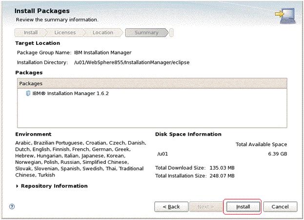 Installing the IBM Installation Manager /u01/websphere855/installationmanager/eclipse 8.
