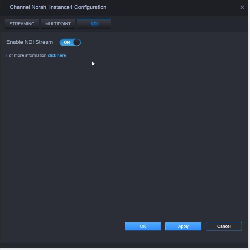 Working with CHANNELS To enable NDI on a channel: 1 In the Channel Configuration window, select the NDI tab.