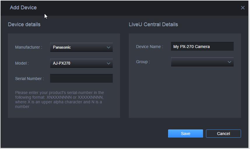 Using the UNIT LIST To register a Panasonic camera in LiveU Central: 1 In the MANAGE DEVICES tab, click the button.