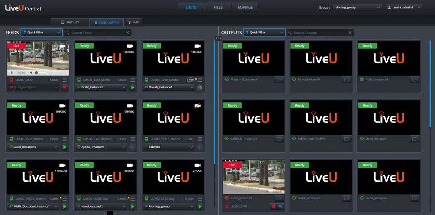 Using the VIDEO MATRIX Figure 88: LiveU Central VIDEO MATRIX Tab This window may display many previews, as follows: Outputs (Right Side): The OUTPUTS pane shows the output channels available for the