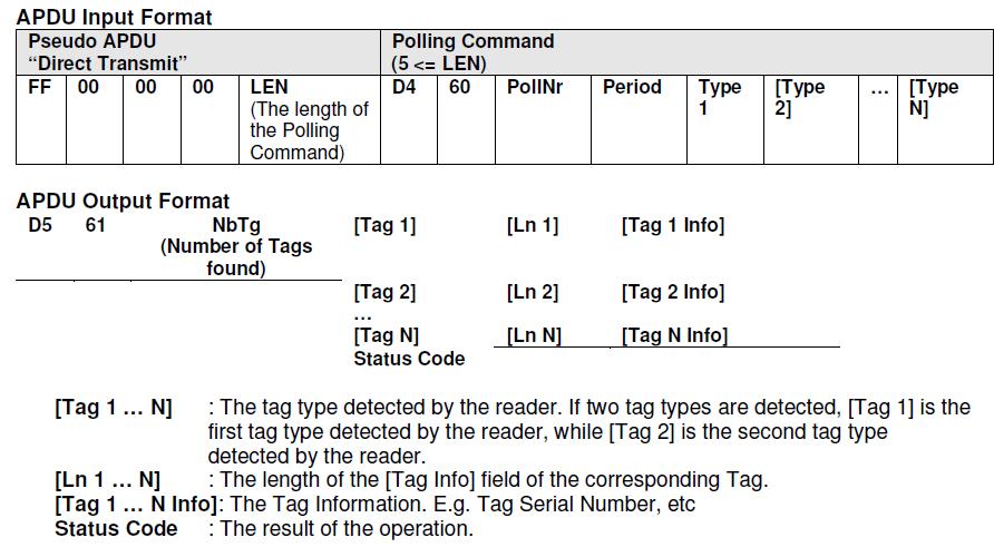 6.0 Polling for more than one tag type / Automatic Polling Typical polling parameters are: Number of Polling (PollNr) 0x01 to 0xFE : 1 up to 254 polling 0xFF Endless polling Polling Period (Period)